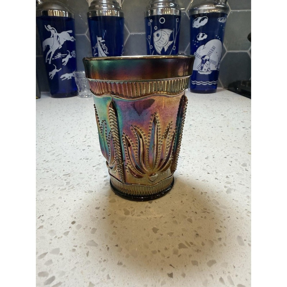 Joe St Clair Fenton Cactus Blue Iridescent Carnival 4" Tumbler Carnival Glass